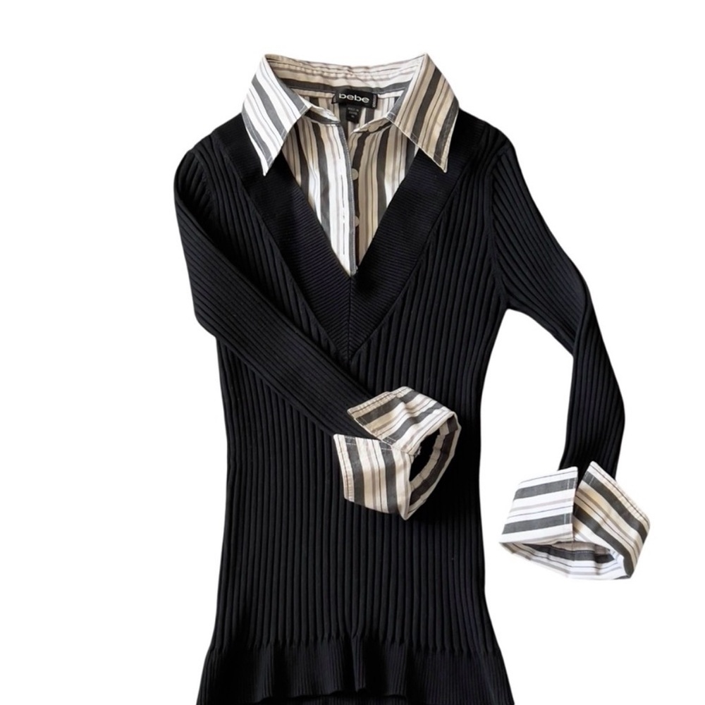Bebe Black Ribbed Sweater with Striped Details